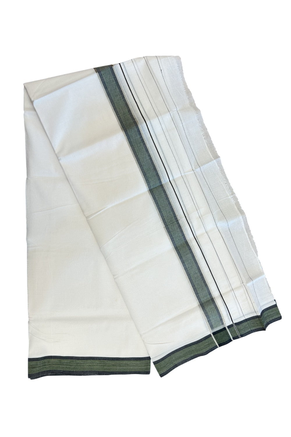 25% DISCOUNT ! KaithariKada HANDLOOM Unakkupaav Balaramapuram - 100% PURE Cotton Pure White Double Mundu/Dhoti -(80X100) - 6.5 inch Silver Kasavu & Black Green Shaded Striped Kara - 8KK5209 REA