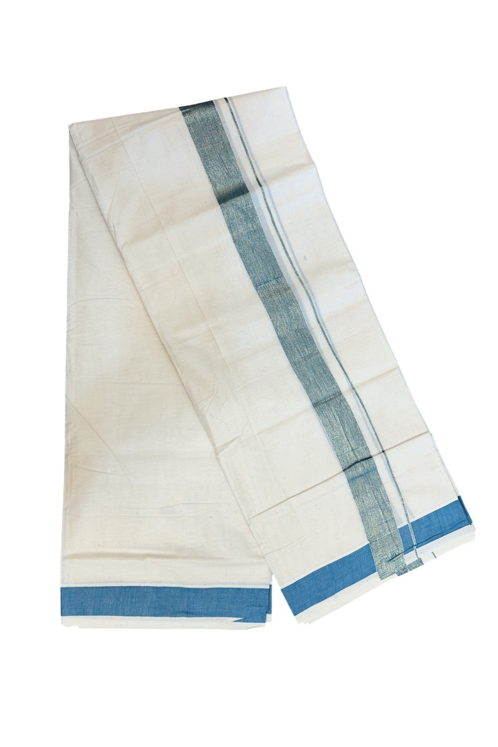 20% DISCOUNT ! KaithariKada Balaramapuram Mixed Cotton OFF WHITE (Unbleached) Double Mundu/Dhoti - 60s Thread Mixed Cotton - 1.5 inch Peacock Blue & Gold Kasav Kara - 8KK5213 VIN