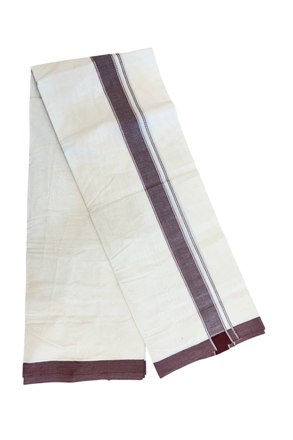 NEW !! 20% DISCOUNT!! KaithariKada Balaramapuram 100% Cotton Double Off white - (Unbleached) Mundu/Dhoti-100x80 - 1.5 inch Brown Shaded Striped KARA - 3.75 mtr (8 Muzham) - 8KK5218 ASH