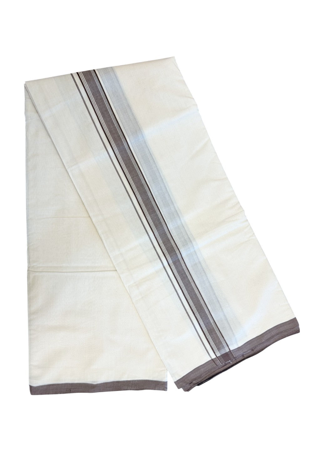 PREMIUM HANDLOOM-20% DISCOUNT! KaithariKada  Cotton OFF White - 100x80 thread-  NORTH INDIAN ATTACHED GAMCHA - 9X5 & 10X6 muzham Dhoti - 1.5 inch Brown Border - 8KK5223VEL