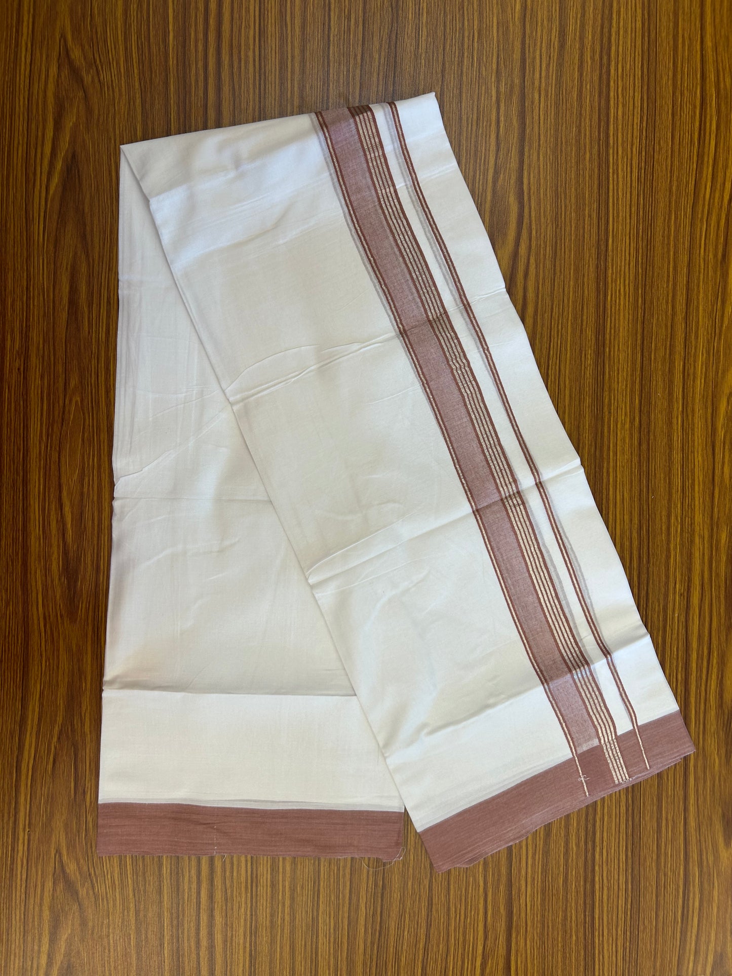 Short Dhoti Special - 28% Discount ! KaithariKada 100% Cotton Pure White Double Mundu / Dhoti - 100x80 - 45 inch Height 3.80 m Length  1.5 inch Brown Silver Kasav kara - 8 KK5258 THI