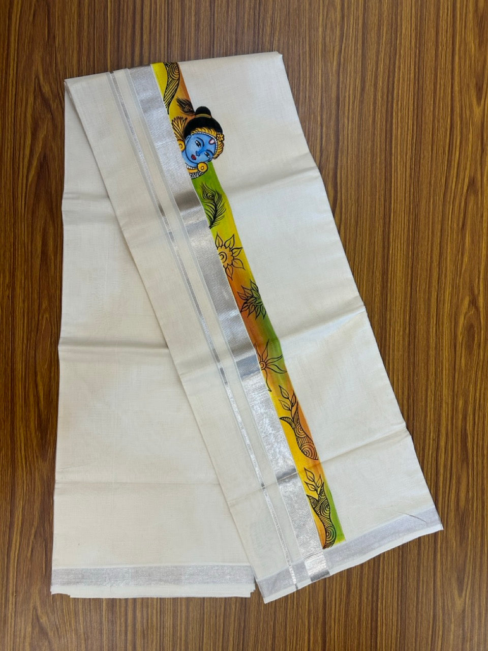 24% Discount! Hand Painted - KaithariKada 100% Cotton Double Off white - (Ubleached) Mundu / Dhoti - 100x80 1 inch Silver Kasavu & Hand Painted Flower - 8 KK5259 CKS