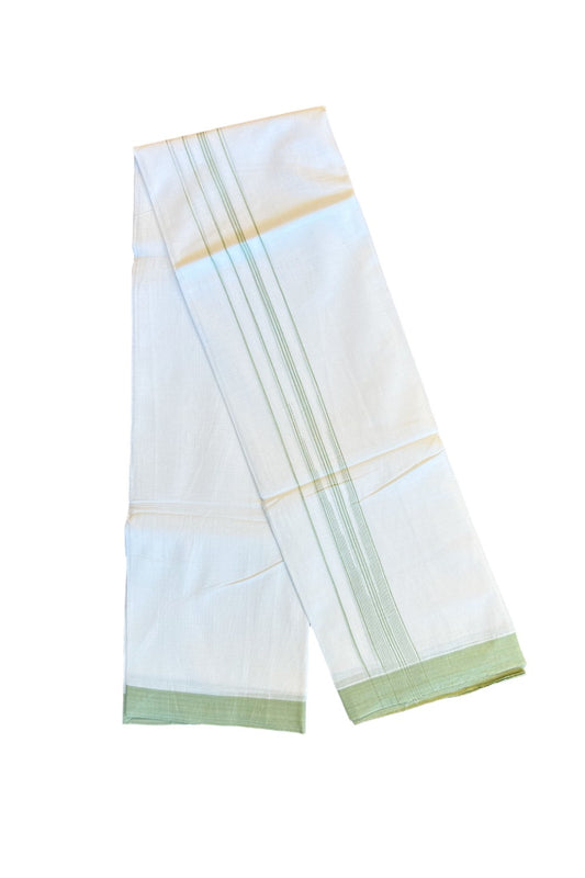 22% DISCOUNT!! Kaitharikada Balaramapuram 100% Cotton PURE WHITE Double Mundu/Dothi-100x100  2 Inch LIGHT GREEN Striped Cotton Kara 3.80m (8 Muzham) - 8KK74RAM