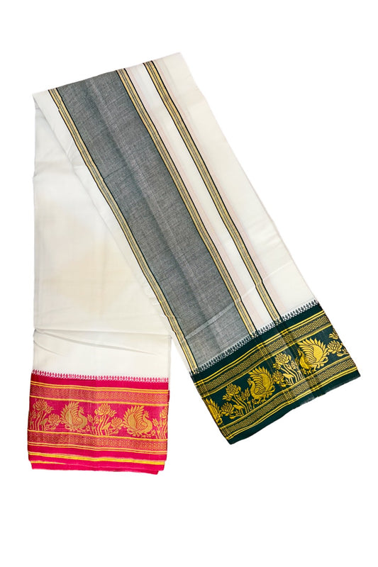 21% DISCOUNT! KaithariKada  Cotton Pure White - 80x80 thread- 80% Cotton & 20% polyester - NORTH INDIAN ATTACHED GAMCHA - 9X5 Dhoti - 6.25 inch Green shaded kara with DARK PINK & GREEN border - 8KK77PMC
