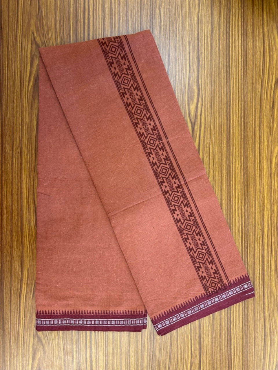 8% Discount!!! Kaitharikada Mixed Cotton Single KAVI - Kaily / Lungi - 3.25 inch Maroon Tribal Kuppadam Border (2 meter / 4 muzham) - 8KK8027 AS