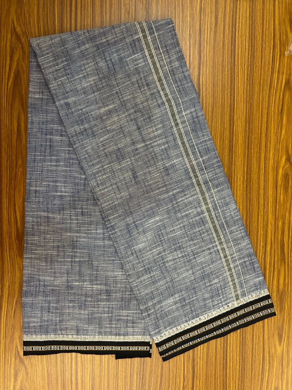 Premium Kathar Type Mund Pure cotton - Kaitharikada - Single Kaily / Lungi - 1.25 inch Black Kara kuppadam Border with Navy Blue White Shaded colour body  (2 meter / 4 muzham)- 8 KK8031 MUT