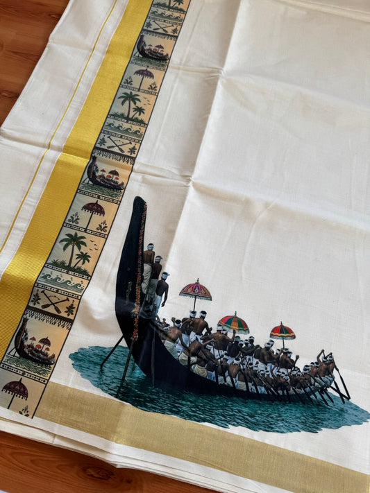 Double Off White - Onam Festival Print - (Unbleached) Mundu/Dhoti- 20% Discount!! KaithariKada Mixed Cotton 60s - 1.5 inch Gold Kasav with Printed Design Kara - 5 KK5474 GAN