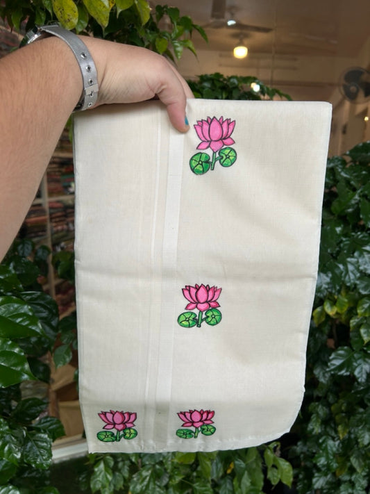 KaithariKada Balaramapuram 100% Cotton Double Off white - (Unbleached) Mundu/Dhoti-100x80 - 0.5 inch Hand Painted Pink Lotus Design Kara 3.80 mtr (8 muzham) - 6 KK5244 ASH