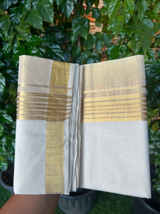 25% Discount ! KaithariKada Handloom Milpaav Balaramapuram - Pure Cotton Off White - (Unbleached) Double Mundu/Dhoti - (80X90s) - 7 inch Gold Kasav Striped & Half Tissue Kara - 98 KK5256 RAM