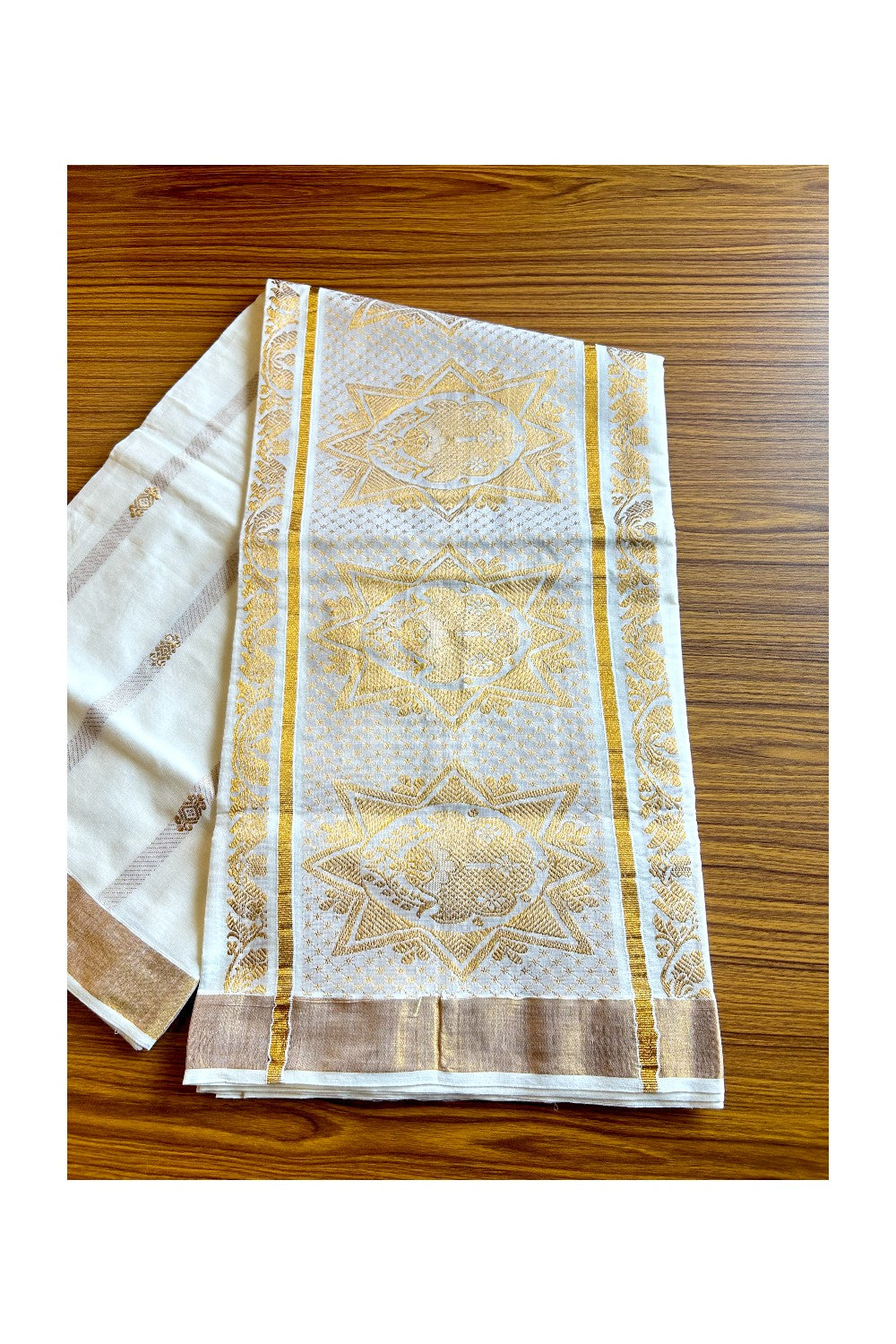 23 % Discount!!! Kaitharikada Kerala Cotton Saree Off white - 27.5 inch Kasav Zari with Flower Pattern Putta Design- 8KK1002JEE
