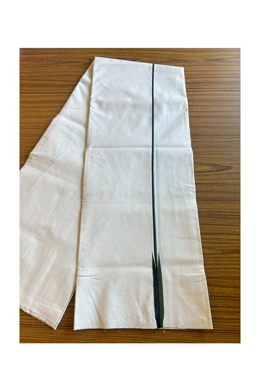 28% DISCOUNT ! KaithariKada Balaramapuram 100% COTTON SINGLE OFF WHITE (Unbleached) Mundu/Dhoti-100X100-  0.5 Inch  Puliyilakkara Black & Seaweed Green Chutty (2 meter / 4 muzham)-  8KK429ASH