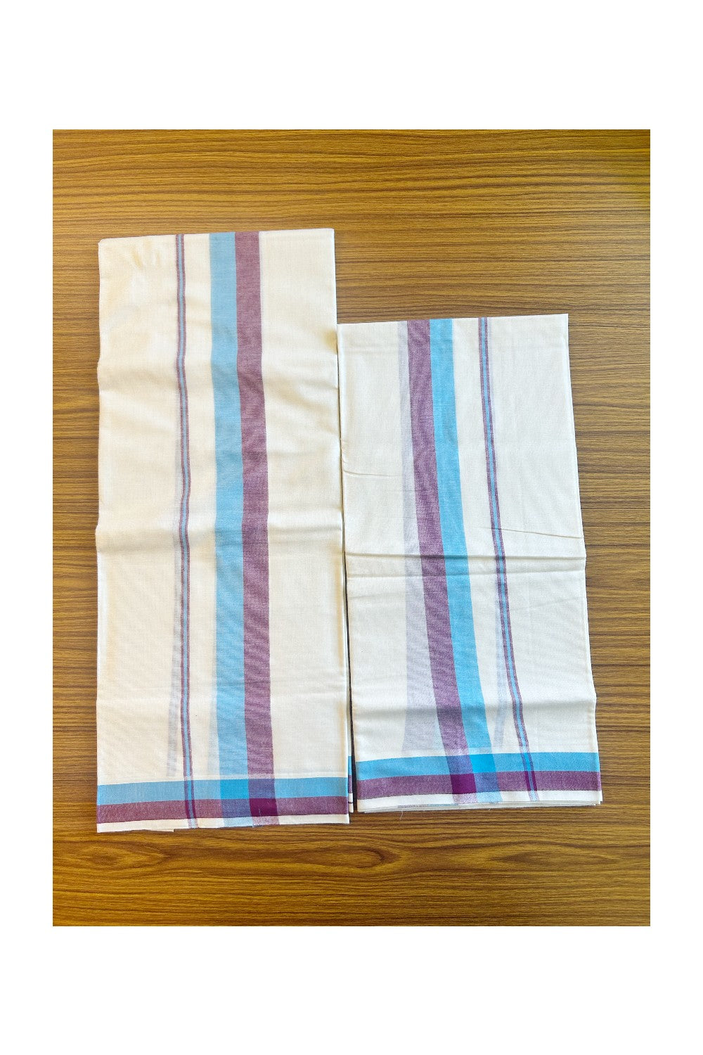 16% Discount!! KaithariKada - Kerala Cotton Single Set Mundu -  Light Blue & Maroon Stripes- 7KK459VIN