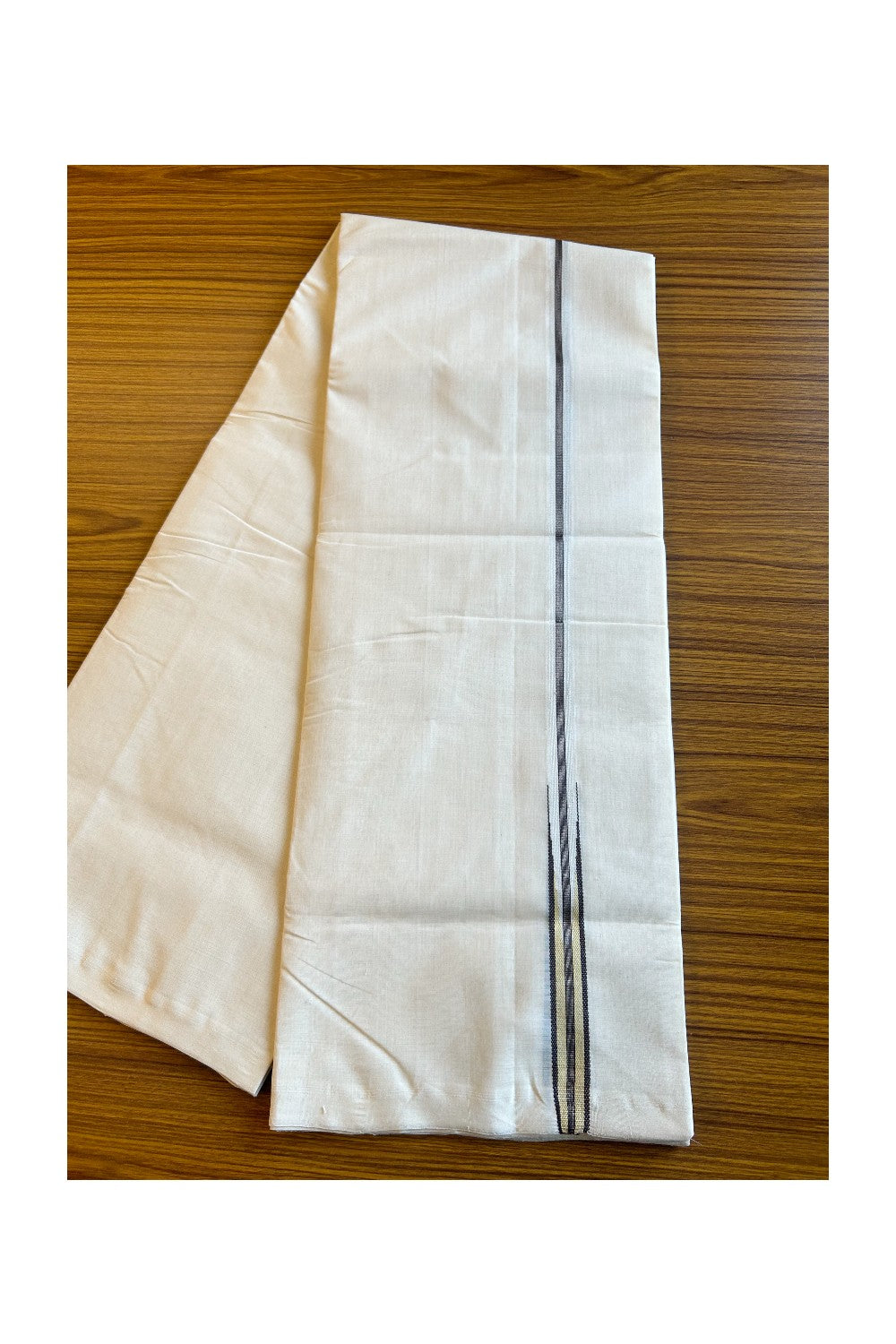 30% DISCOUNT!! KaithariKada HANDLOOM Millpaav Balaramapuram - 100% PURE Cotton OFF White - (Unbleached) Double Mundu/Dothi - 2 cm Puliyilakkara silver kasavu Black stripes with Black & Light yellow chutty - 8KK462RAM