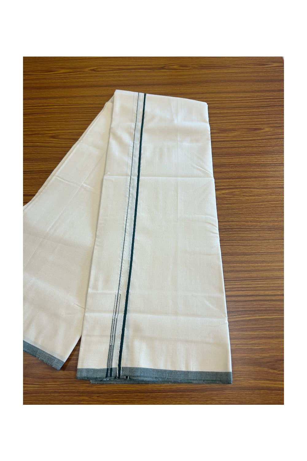 SIGNATURE KAITHARIKADA EXCLUSIVE SINGLE DHOTI - 100% Cotton Balaramapuram HANDLOOM Single Mundu/Dhoti - Off White - (Unbleached)  0.25inch Green & Silver Kasavu Kara  (2 metre / 4 muzham) - 8KK5010KAI