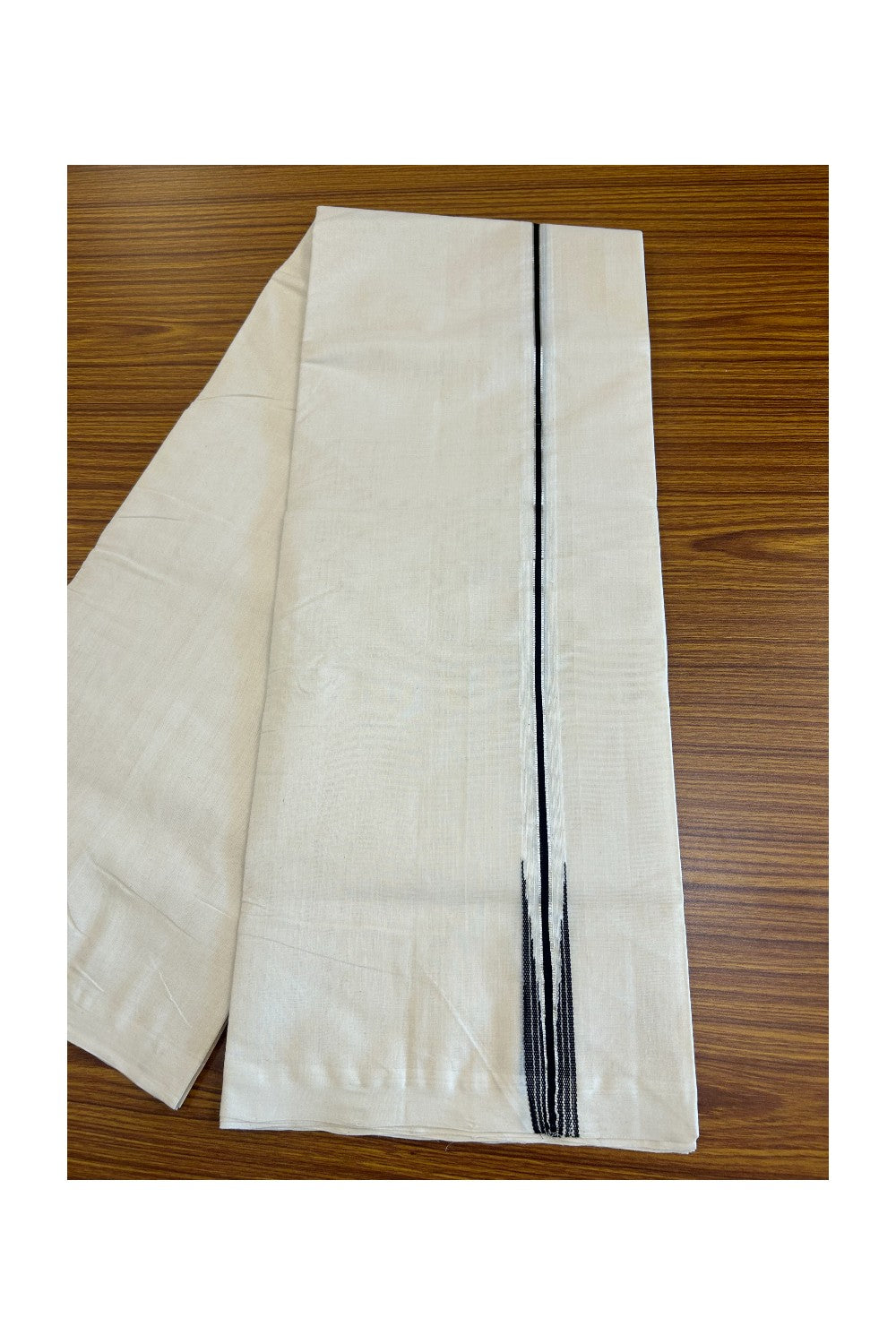 30% DISCOUNT!! KaithariKada HANDLOOM Millpaav Balaramapuram - 100% PURE Cotton OFF White Double - (Unbleached) Mundu/Dothi - 1 inch Puliyilakkara silver kasavu & Black Striped Chutty - 8KK5011RAM