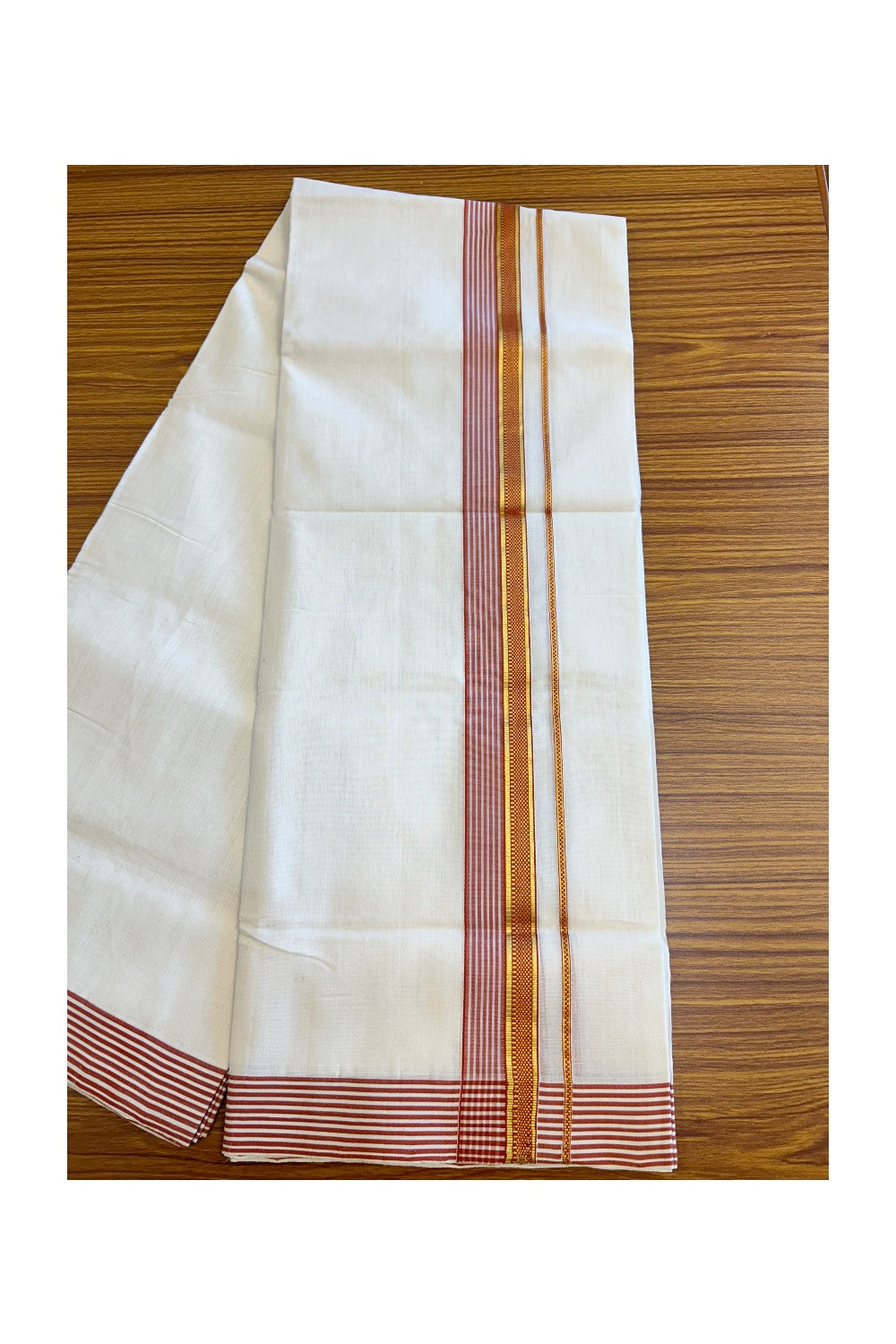30% Discount KaithariKada HANDLOOM Unakkupaav Balaramapuram - 100% PURE Cotton Off White (Unbleached) Double Mundu/Dhoti - 2.25 inch  Kasavu & Brick Red Stripes Designer Kara-221