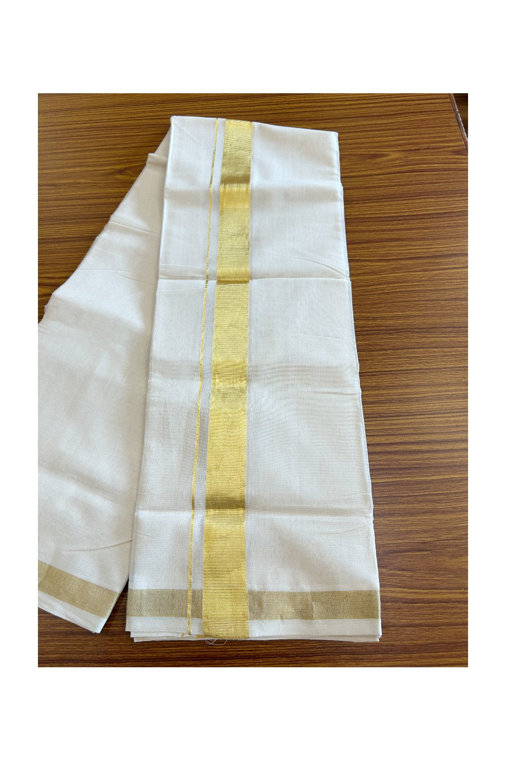 25% DISCOUNT! KaithariKada HANDLOOM Unakkupaavu Balaramapuram - 100% Cotton Double OFF White - (Unbleached) Mundu/Dhoti - 100x100 - 2 inch Gold Kasavu Kara 3.66 meters - 8KK5065KK