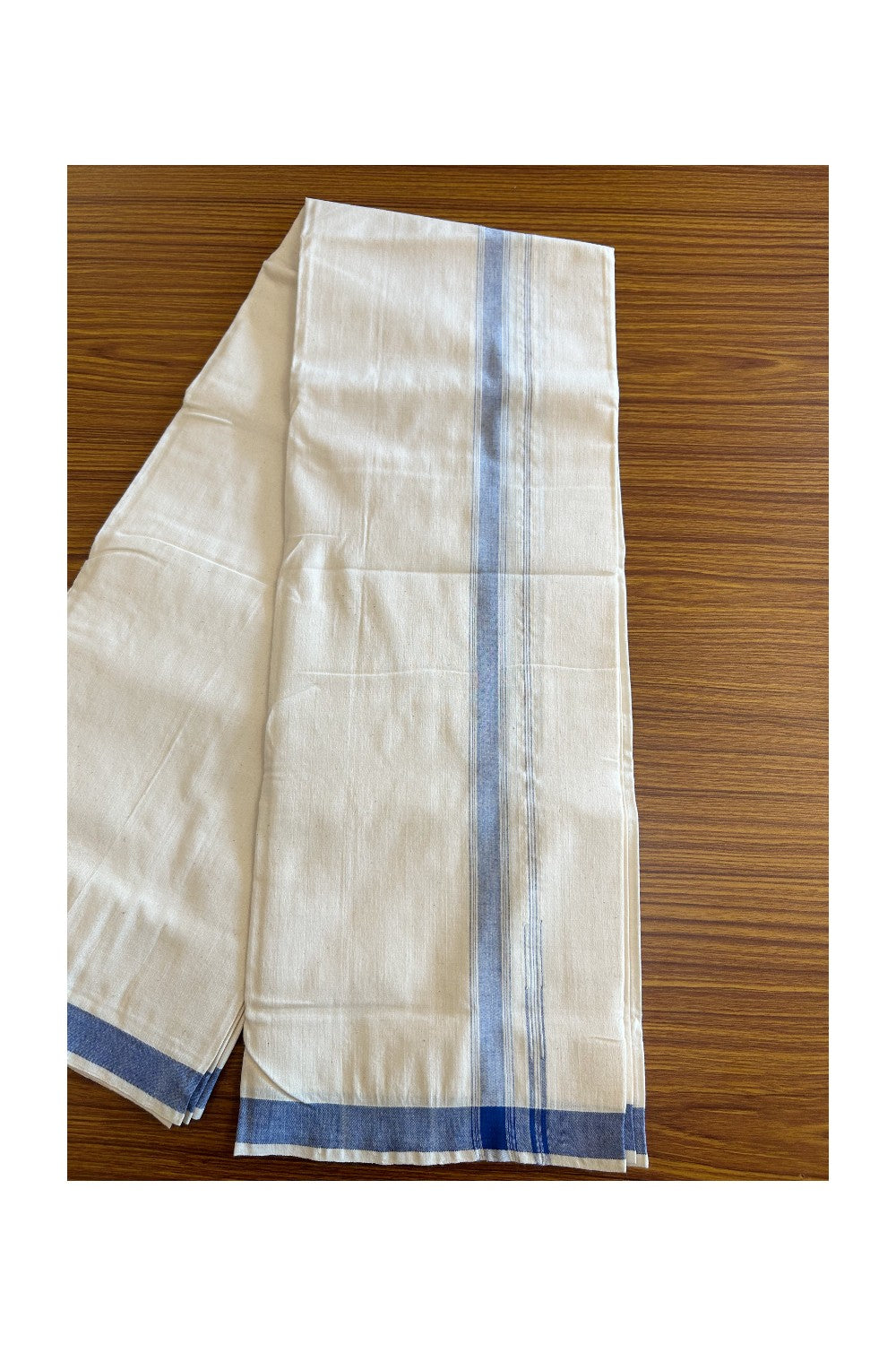 30% Discount ! KaithariKada 100% Cotton Balaramapuram HANDLOOM Single Mundu/Dhoti - Off White (Unbleached) 1inch(2 meter / 4 muzham) Blue Stripes Chutty Puliyilakkara- KK32KAI