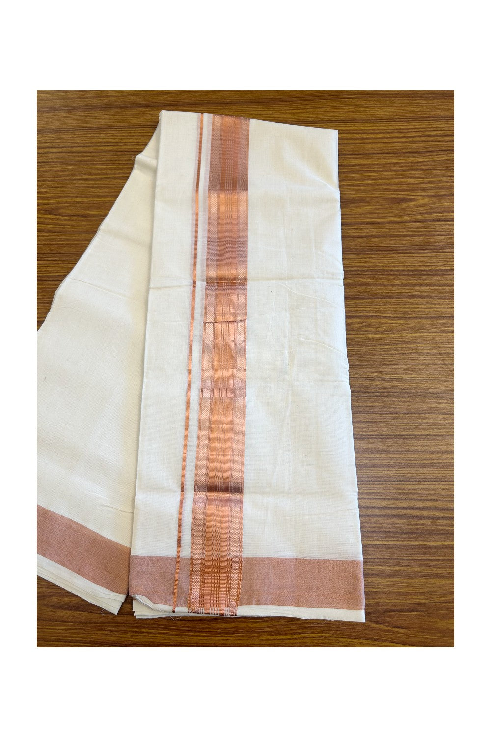 30% DISCOUNT ! KaithariKada HANDLOOM Unakkupaav Balaramapuram - 100% PURE Cotton Off White - (Unbleached) Double Mundu/Dhoti - Copper Striped 2.5 inch KARA- 4KK44RAM.