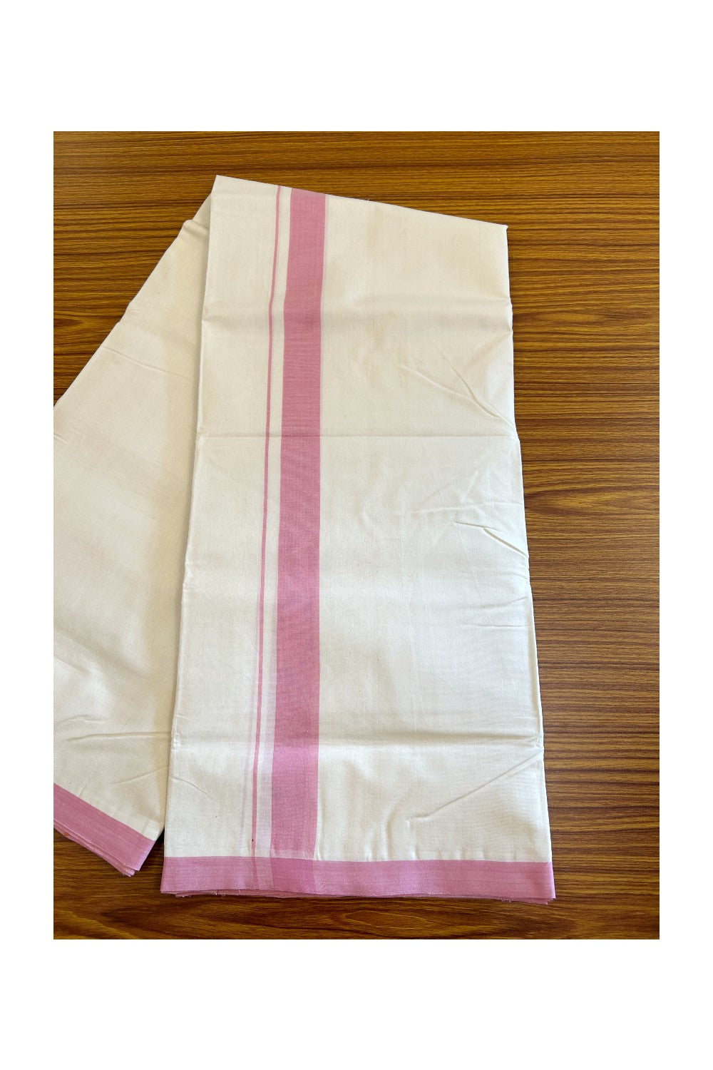 30% DISCOUNT!! KaithariKada HANDLOOM millpaav Balaramapuram - 100% PURE Cotton OFF White (Unbleached) Double Mundu/Dothi - 1.75 inch Pink Mulloth Kara 4.5 Meters (10 Muzham) - 31KK403RAM