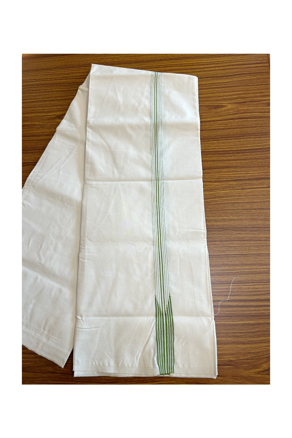 29% DISCOUNT ! KaithariKada Balaramapuram 100%  COTTON SINGLE OFF WHITE - (Unbleached)  Mundu/Dhoti - 100X100 - 1 Inch 8 Line Puliyilakkara Light Green Chutty (2 meter / 4 muzham)- 23KK411ASH