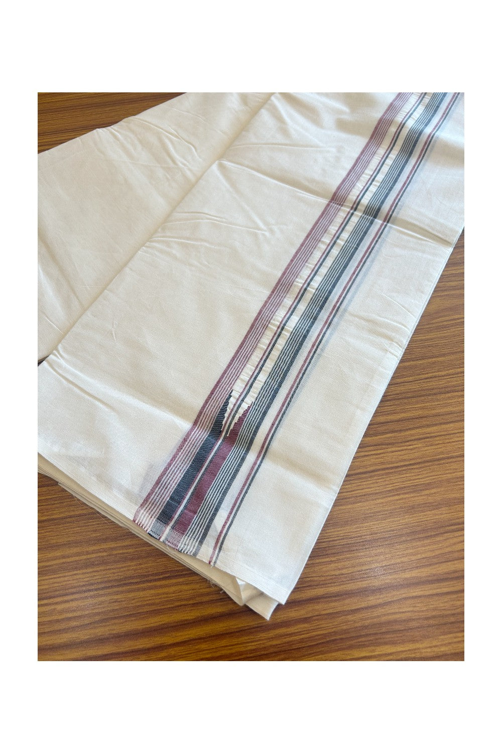 ADMK VESHTI 18% Discount !! KaithariKada Balaramapuram Double Off white - (Unbleached) Mundu/Dhoti - 100X100 - 2.25 inch Puliyilakkara Maroon & Black Striped Chutty Kara - Big Size Dhoti - 26KK5045ASH