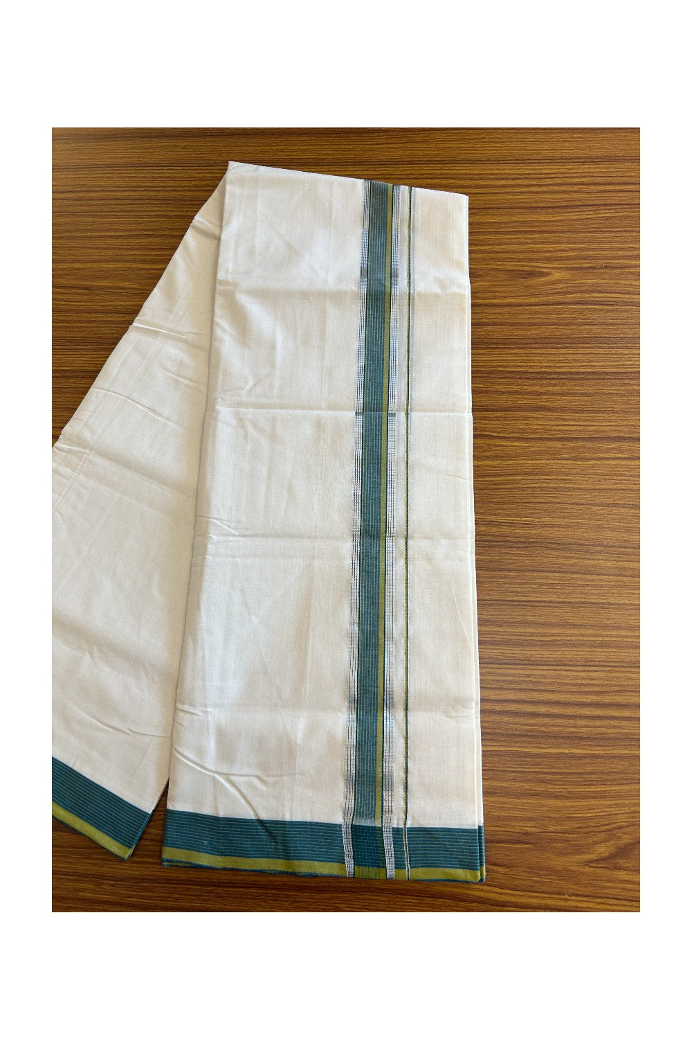 25% Discount !! KaithariKada HANDLOOM UNAKKUPAAV Balaramapuram - 100% PURE Cotton off white - (Unbleached) Double Mundu/Dhoti - 2 inch Silver kasavu Peacock Blue & Mustard Yellow striped kara - 8KK5082RAM