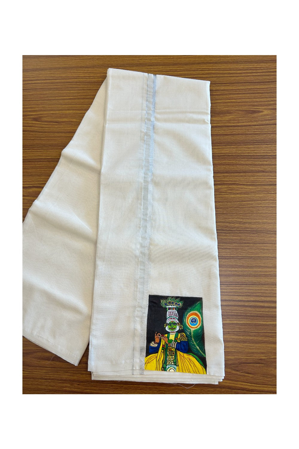 KaithariKada Balaramapuram 100% Cotton Double Off white - (Unbleached) Mundu/Dhoti-100x80 0.75 inch SILVER Kasavu & Hand Painted Kadhakali Design Kara 3.70 meter (8 Muzham) - 8KK5083ASH
