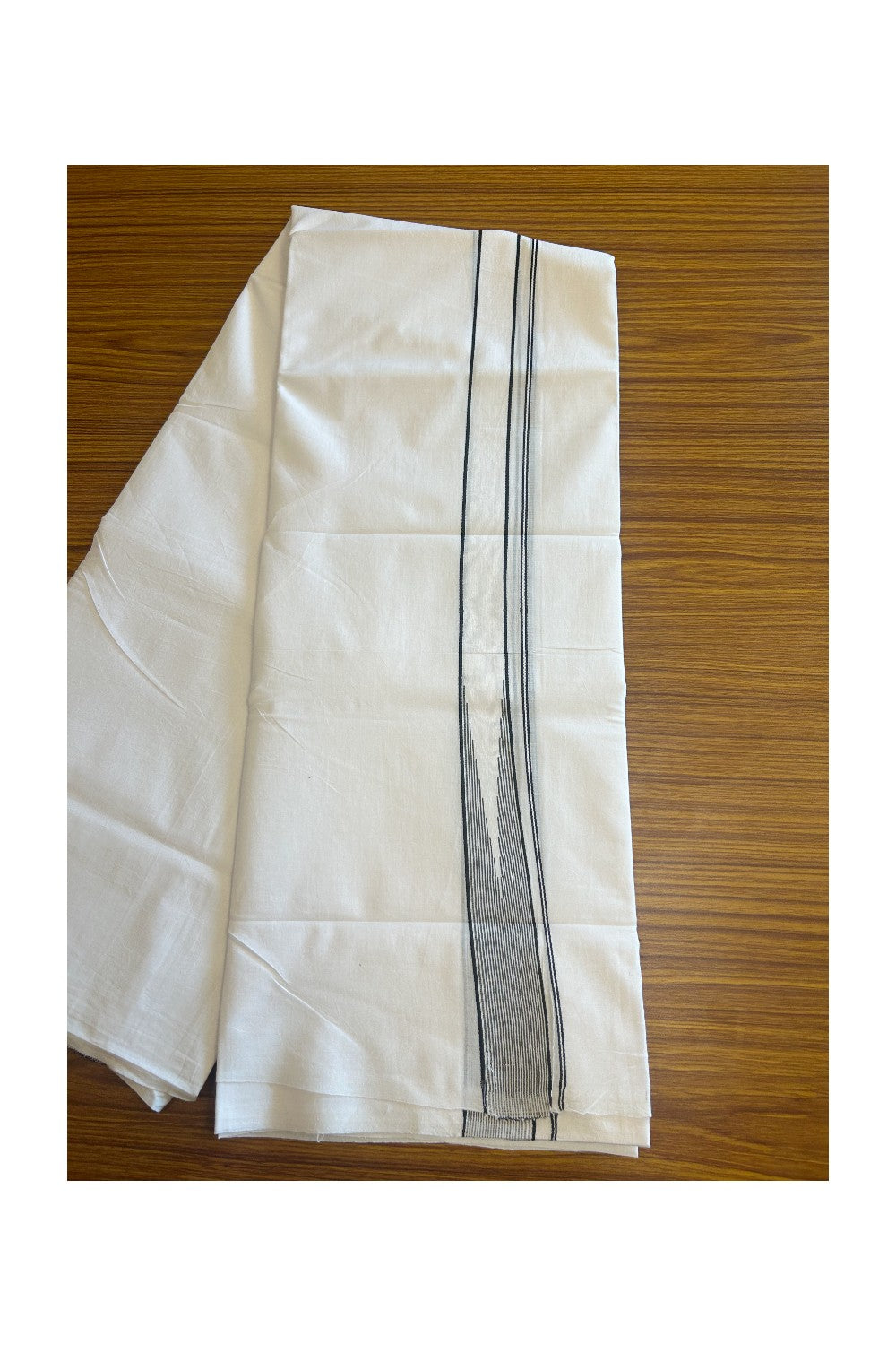 25% OFFER ! KaithariKada Balaramapuram 100% Cotton Double PURE WHITE - Mundu/Dhoti-100x100 1.65 INCH  Puliyilakkara Heavy Chutty Black Stripes - 7KK5127ASH