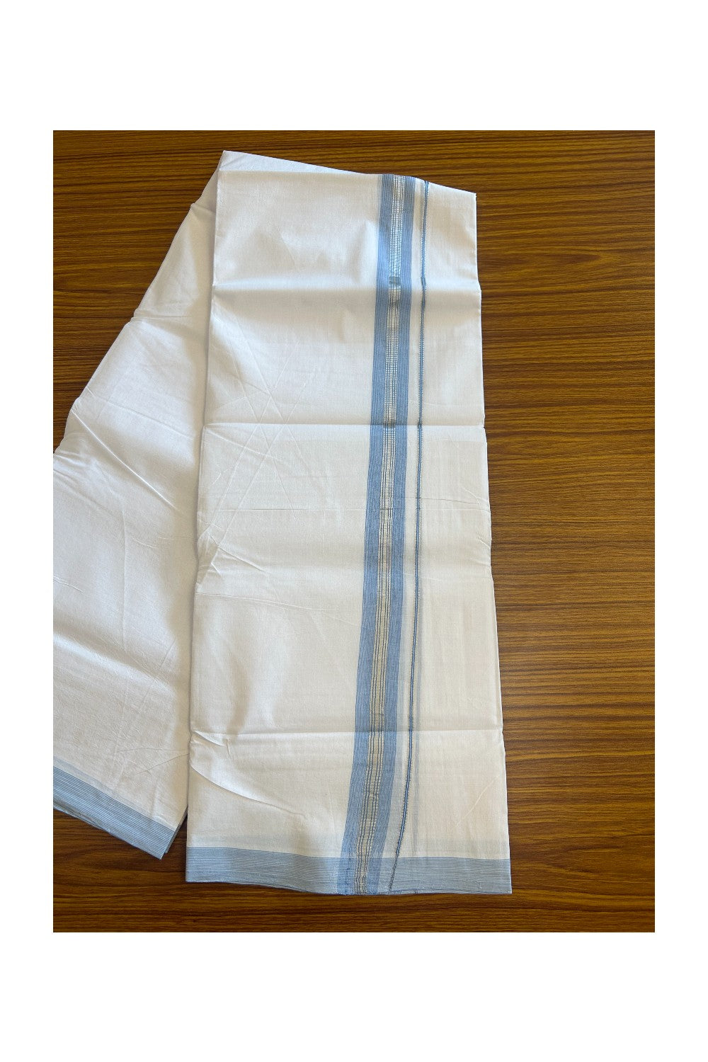 30% Discount KaithariKada HANDLOOM Unakkupaav Balaramapuram - 100% PURE Cotton PURE WHITE - 100x100 Double Mundu/Dhoti - 1.25 inch Sky Blue & Silver Striped Kasavu Kara - 8KK5129YAR