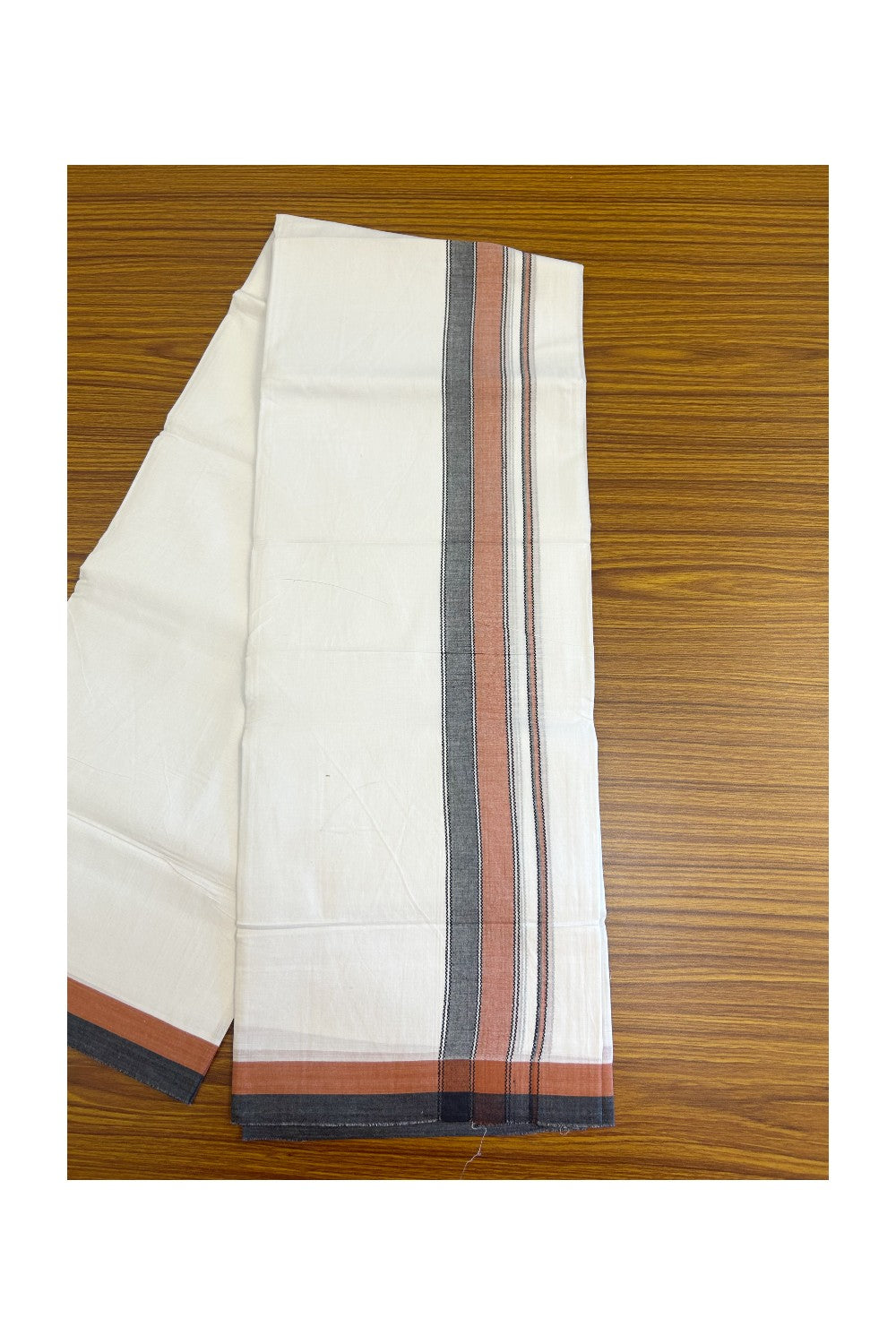 28% DISCOUNT! KaithariKada Balaramapuram 100% Cotton PURE WHITE Double Mundu/Dhoti - 100x80 - 1.75 inch Orange & Black shaded designer kara - 8KK5134THI