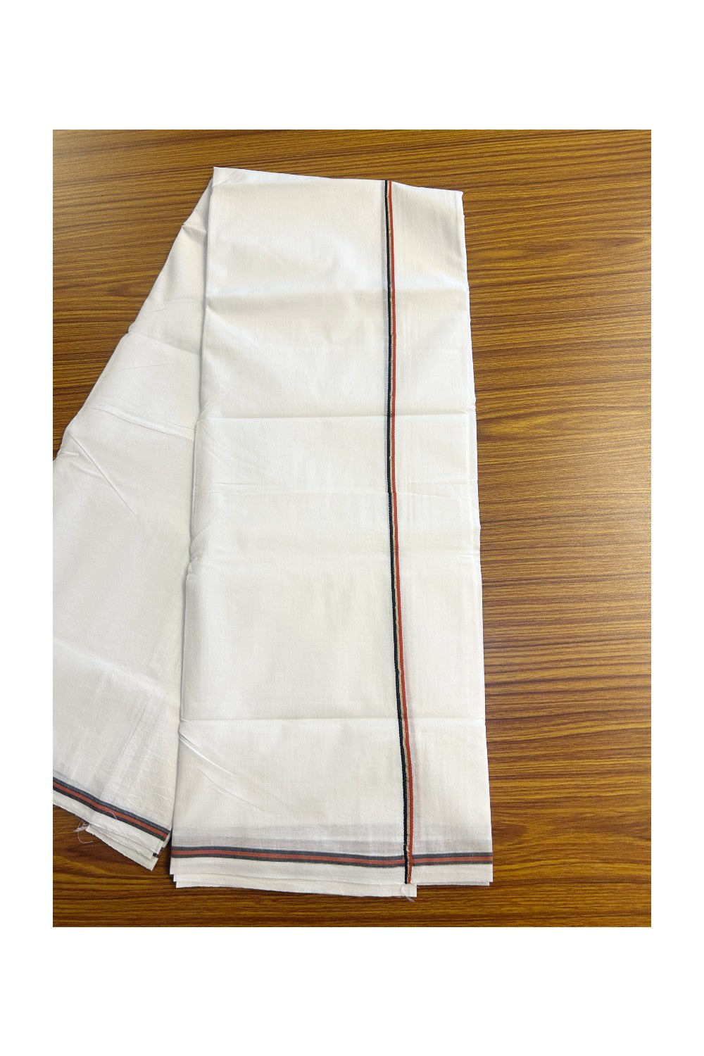 20% Discount!!  KaithariKada Balaramapuram 100% Cotton Double PURE WHITE Mundu/Dhoti - 100X100 - 0.25 inch Brick Red, Black & Silver Striped kara - 2KK5146ASH