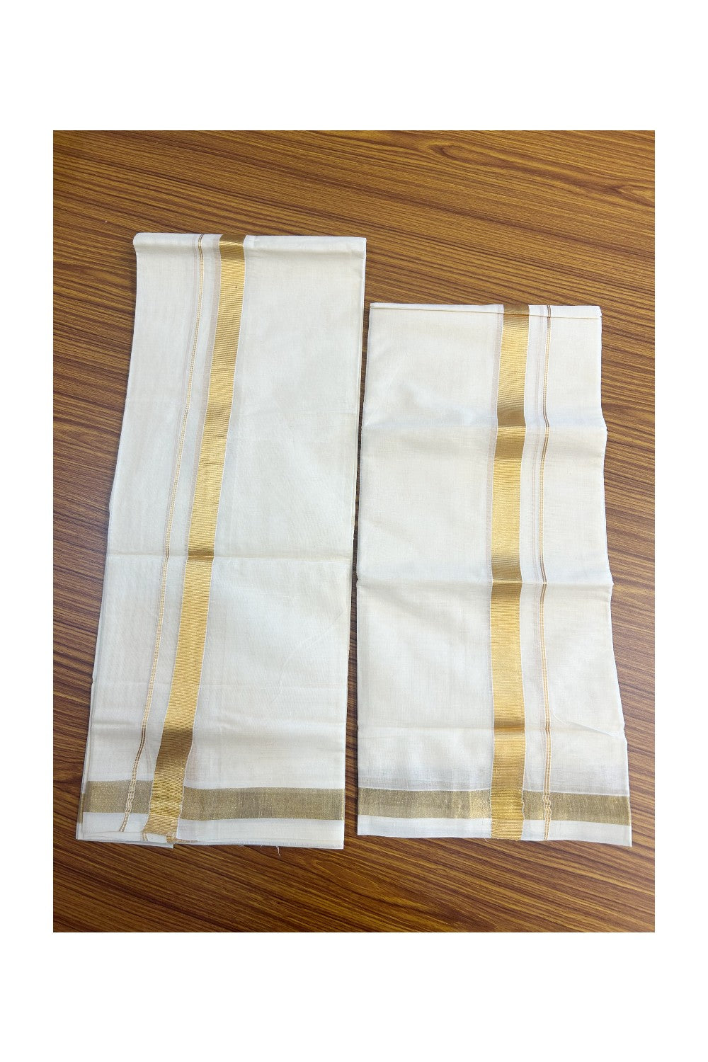 25% Discount!! KaithariKada - Kerala Pure Cotton OFF WHITE SINGLE SET MUND FOR WOMEN - Gold Kasavu Kara - 8KK5152PMC