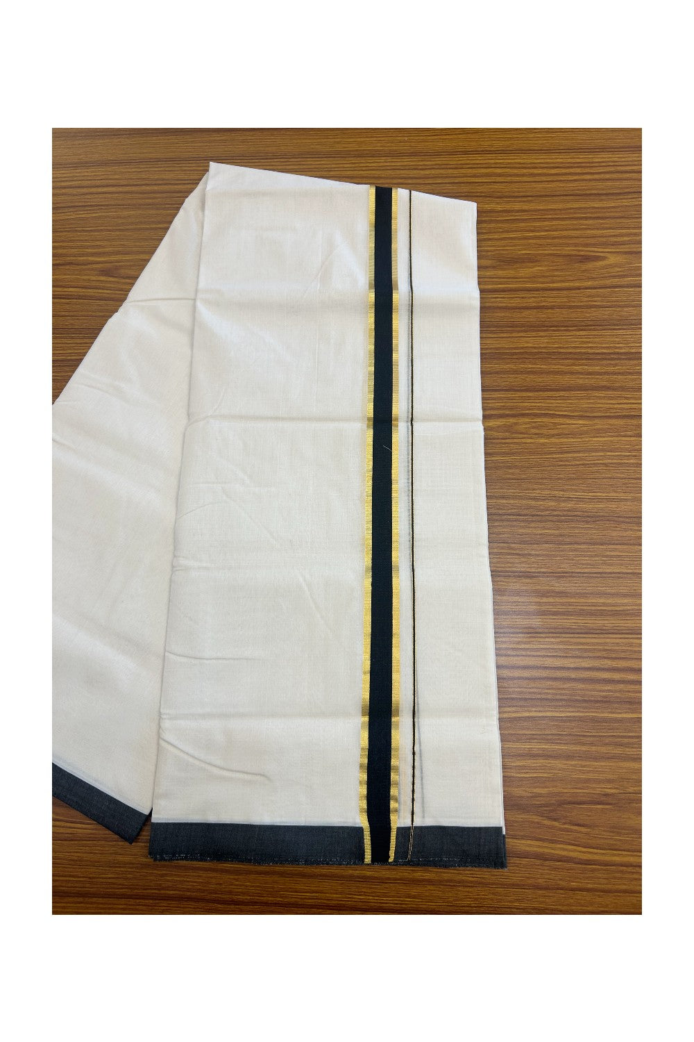 30% DISCOUNT!! KaithariKada HANDLOOM UNAKKUPAAV Balaramapuram - 100% PURE Cotton OFF White Double - (Unbleached)- Mundu/Dothi - 1.25inch Gold Kasavu & Black Kara 4.5 Meters (10 Muzham) - 8KK5160REA