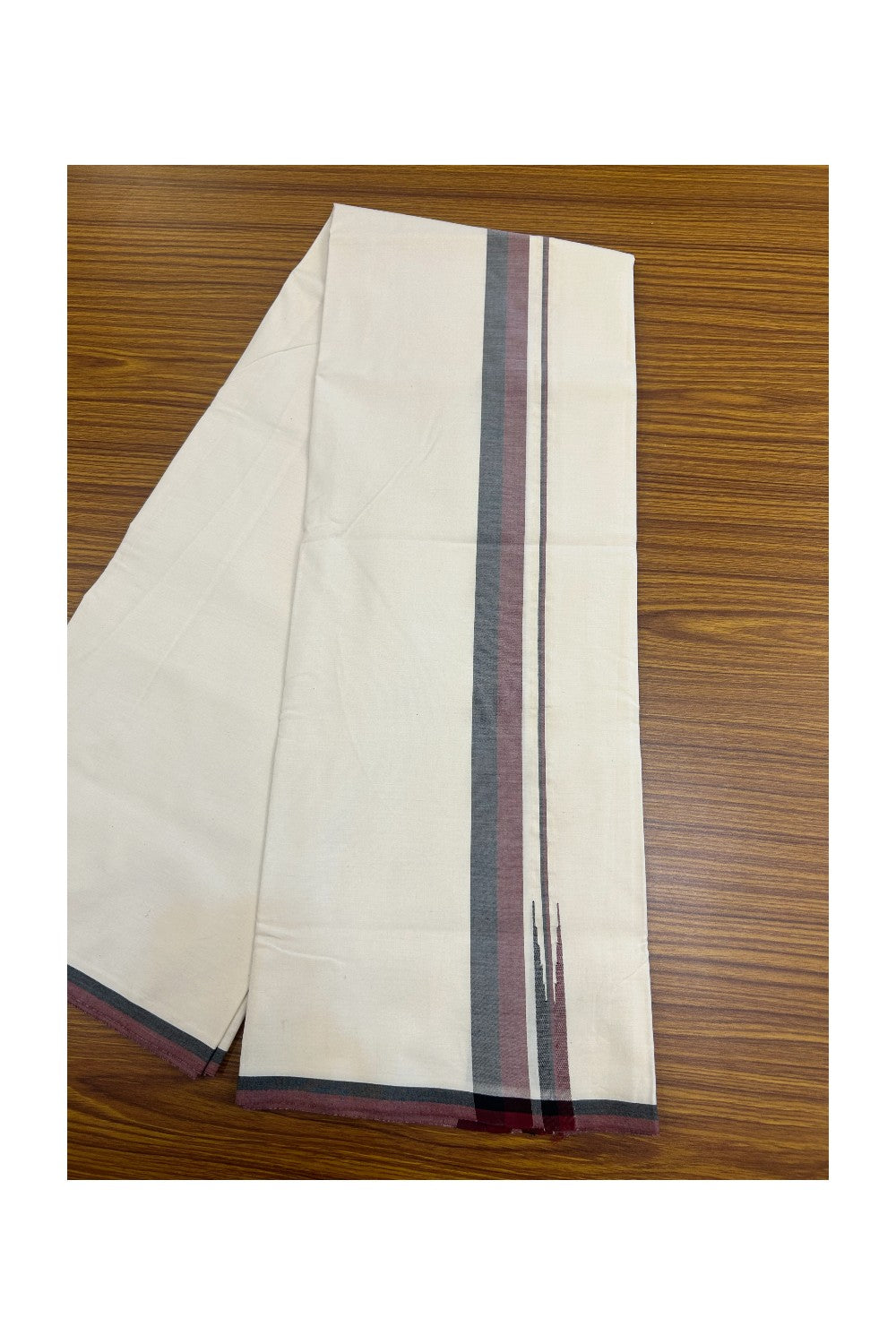 DMK Veshti - KaithariKada Balaramapuram 100% COTTON SINGLE OFF WHITE- (Unbleached) Mundu/Dhoti-100X100 -1.25 inch Puliyilakkara Maroon & Black Shaded Chutty (2 meter / 4 muzham) - 8KK5166ASH