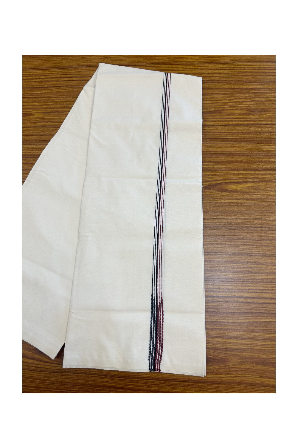 ADMK Veshti - KaithariKada Balaramapuram 100% COTTON SINGLE OFF WHITE- (Unbleached) Mundu/Dhoti-100X100 - 2 cm Puliyilakkara 6 line Maroon & Black Chutty (2 meter / 4 muzham) - 8KK5168ASH