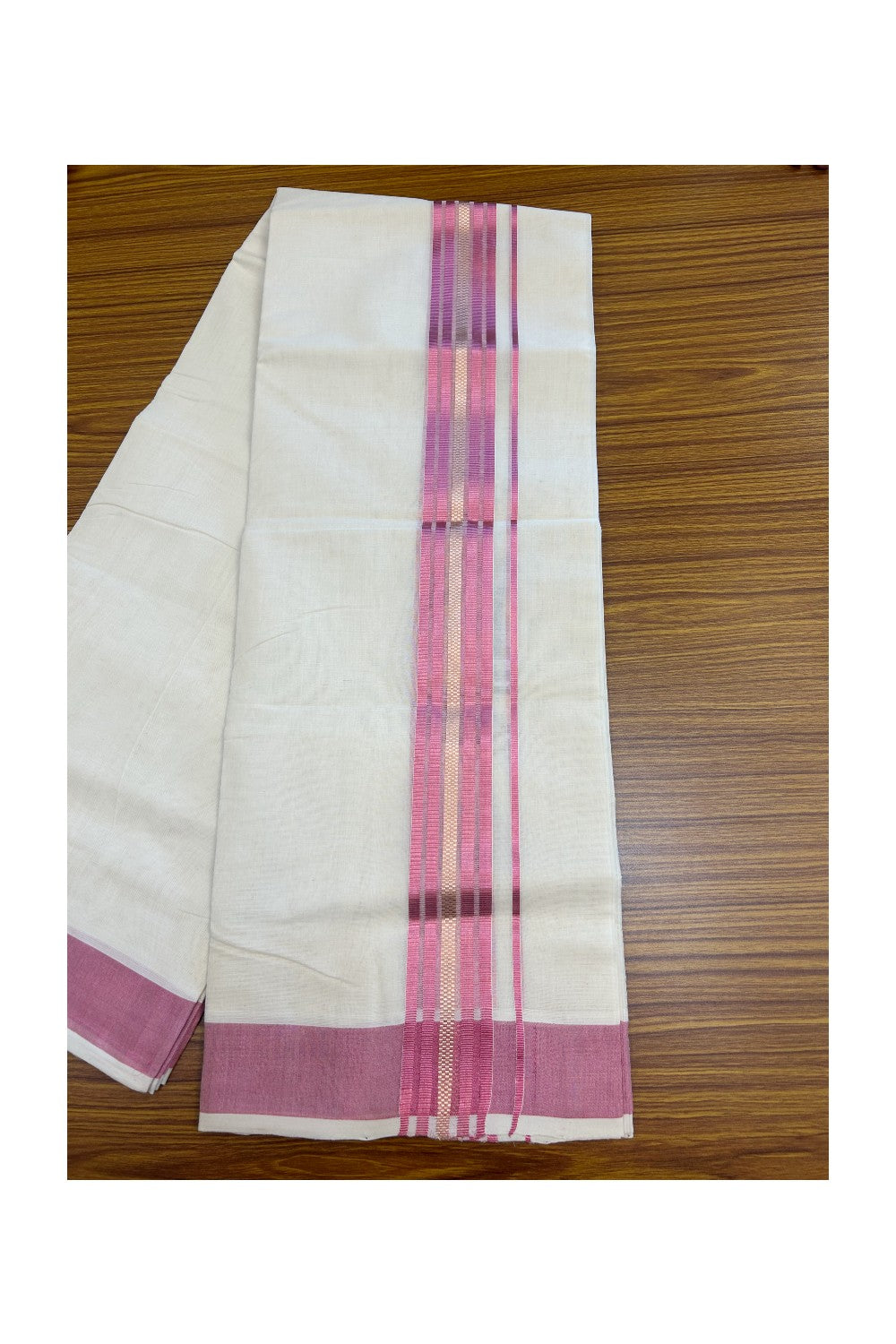 25% DISCOUNT!! KaithariKada HANDLOOM MILLPAAV Balaramapuram - 100% PURE Cotton OFF White - (Unbleached) Double Mundu/Dothi - 2 inch ROSE PINK colour kasavu & Gold Kasavu Striped kara - 4KK5170RAM