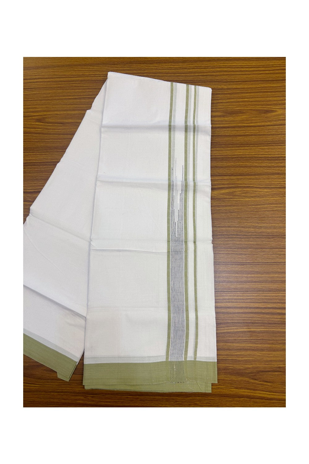 20% DISCOUNT! KaithariKada Balaramapuram DOUBLE PURE WHITE 100% Cotton Mundu/Dhoti - 100x80 - 1.5 inch Parrot Green Putta Design Chutty Kara - 8KK5174THI