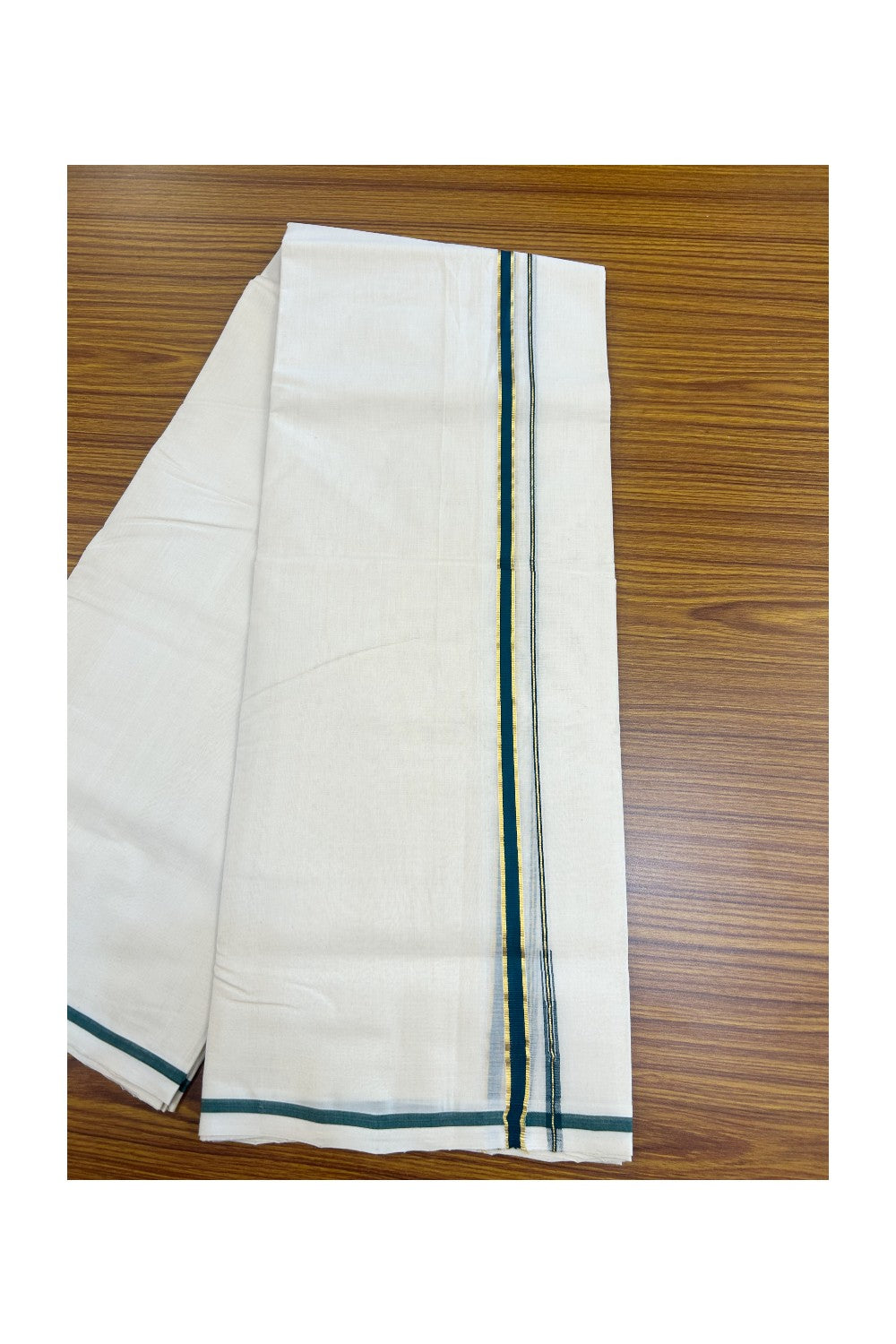25% DISCOUNT!! KaithariKada HANDLOOM MILPAAV Balaramapuram - 100% PURE Cotton OFF White Double - (Unbleached) Mundu/Dothi - 100x100 - 0.5 Inch Kasavu Green Puliyilakkara chutty - 7KK5177RAM