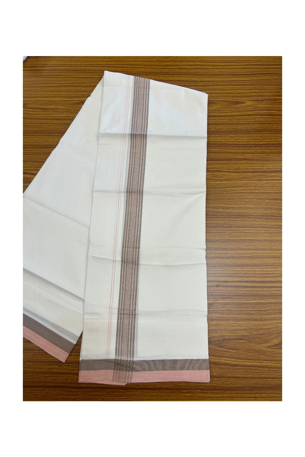 20% Discount ! Kaitharikada Balaramapuram 100% Cotton PURE WHITE Double Mundu/Dothi - 100x80 - 1.5 inch Peach & Wood Brown Striped Kara - 8KK5183VIN