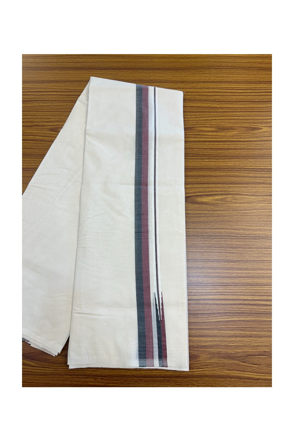 DMK Veshti - 19% DISCOUNT! KaithariKada 100% Cotton off white Double - (Unbleached) Mundu/Dhoti - 100X100 - 1.25 inch Puliyilakkara Black & Maroon Shaded Chutty kara 3.75m (8 muzham)- 8KK5187ASH