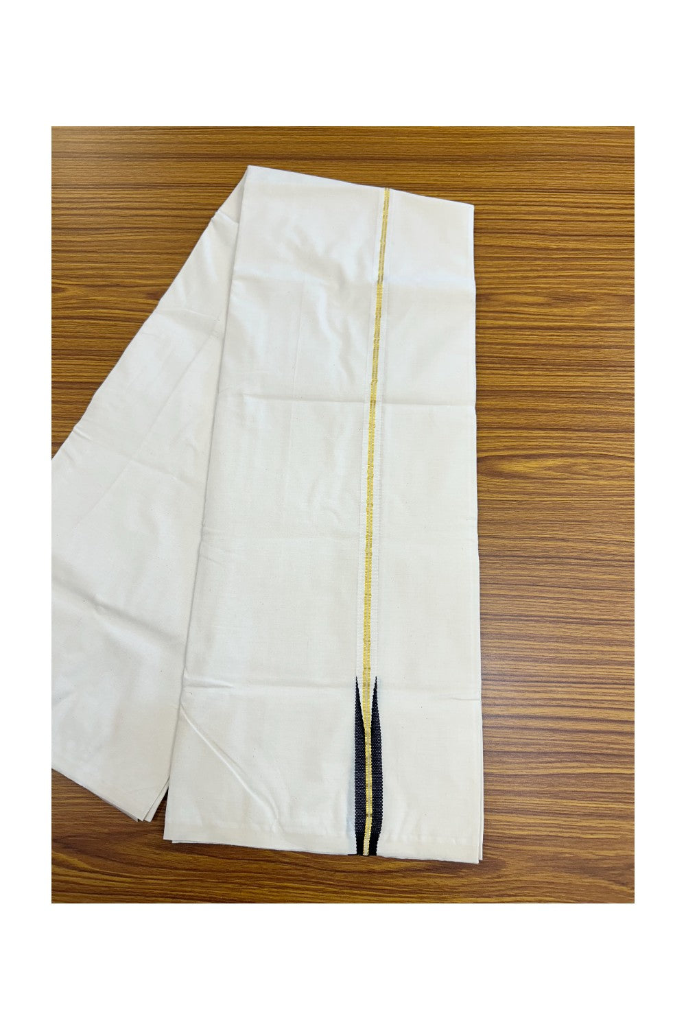 20%  DISCOUNT !! KaithariKada Balaramapuram 100% Cotton Single OFF WHITE - (Unbleached) Mundu/Dhoti-100x100 - 0.75inch  Puliyilakkara Chutty Gold Kasavu & Black chutty Kara(2 meter / 4 muzham) - 8KK5203ASH
