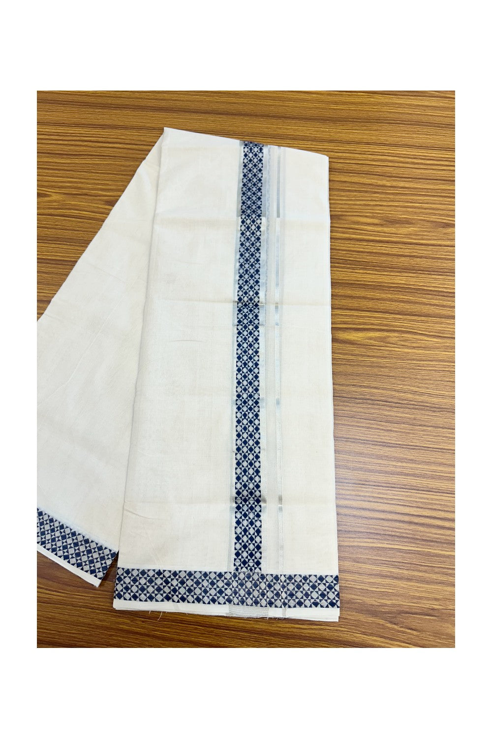 25% DISCOUNT ! KaithariKada HANDLOOM Unakkupaav Balaramapuram - 100% PURE Cotton Off White - (Unbleached) Double Mundu/Dhoti - 1.75 inch Silver Kasavu & Navy Blue Jacquard Design Kara - 8KK5206 ABH
