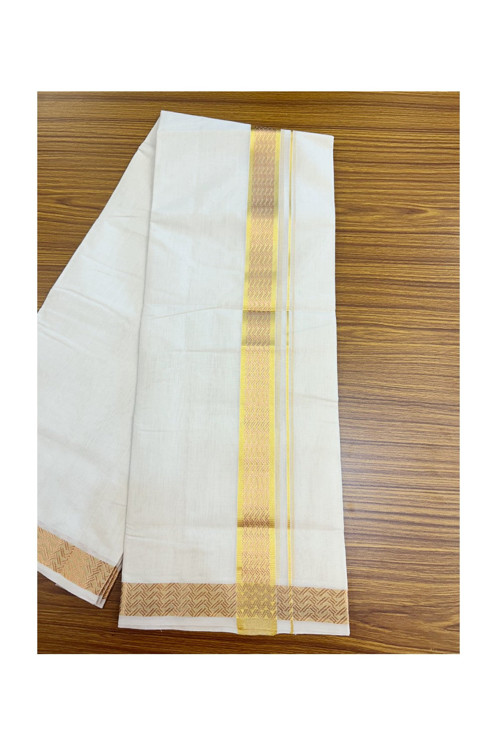 25% DISCOUNT ! KaithariKada HANDLOOM UNAKKUPAAV Balaramapuram - 100% PURE Cotton Off White - (Unbleached) Double Mundu/Dhoti - 1.75 inch Gold Kasavu & Copper Kasavu Jacquard Design Kara - 8KK5208ABH
