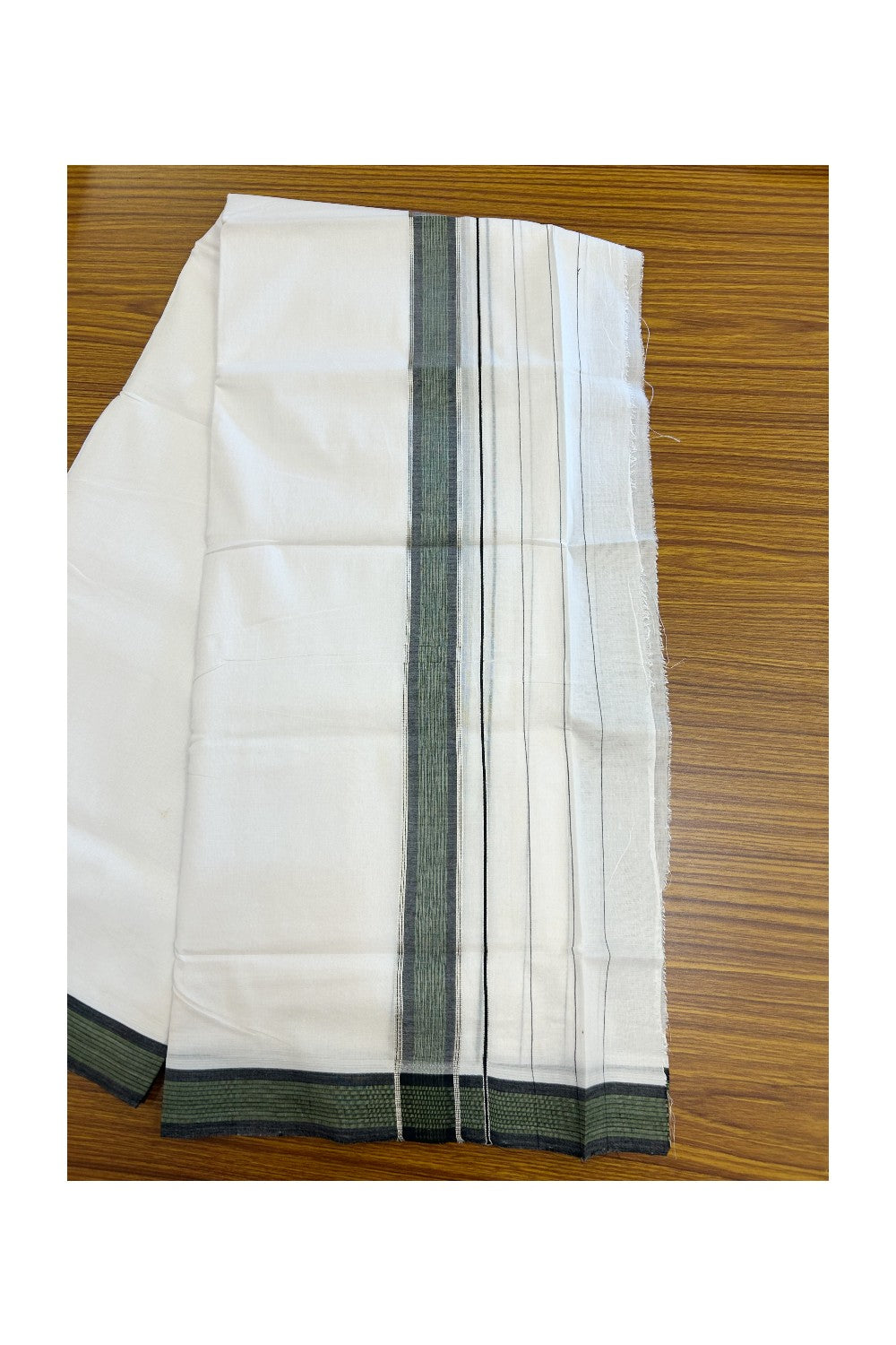 25% DISCOUNT ! KaithariKada HANDLOOM Unakkupaav Balaramapuram - 100% PURE Cotton Pure White Double Mundu/Dhoti -(80X100) - 6.5 inch Silver Kasavu & Black Green Shaded Striped Kara - 8KK5209 REA