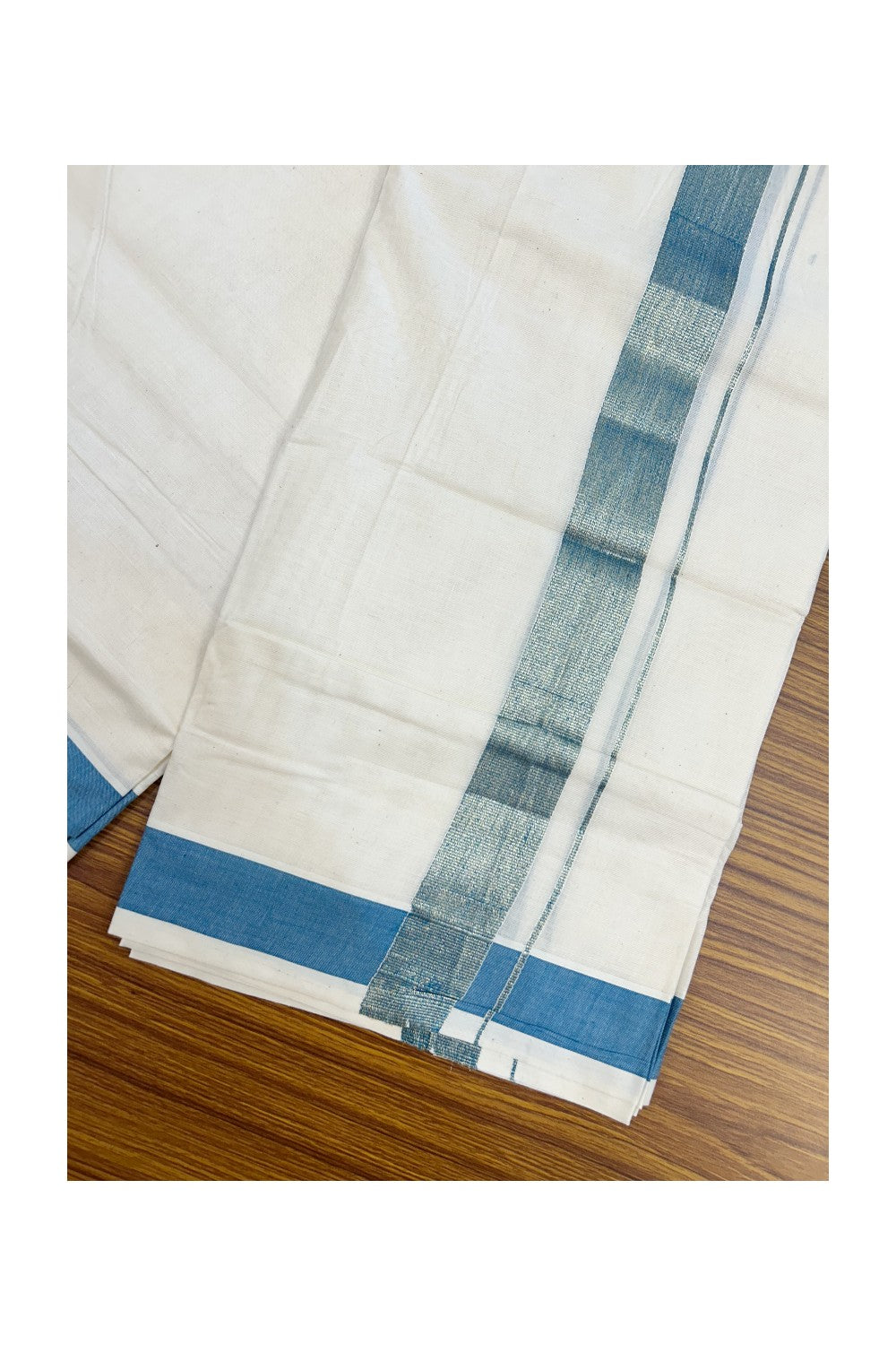 20% DISCOUNT ! KaithariKada Balaramapuram Mixed Cotton OFF WHITE (Unbleached) Double Mundu/Dhoti - 60s Thread Mixed Cotton - 1.5 inch Peacock Blue & Gold Kasav Kara - 8KK5213 VIN