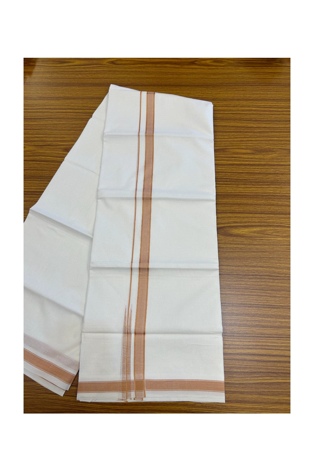 20% Discount!!! KaithariKada Balaramapuram  Double PURE WHITE Mundu/Dhoti - 100x80 - 0.75 inch Pestel Orange shaded puliyilakkara striped chutty - 8KK5217 CKS