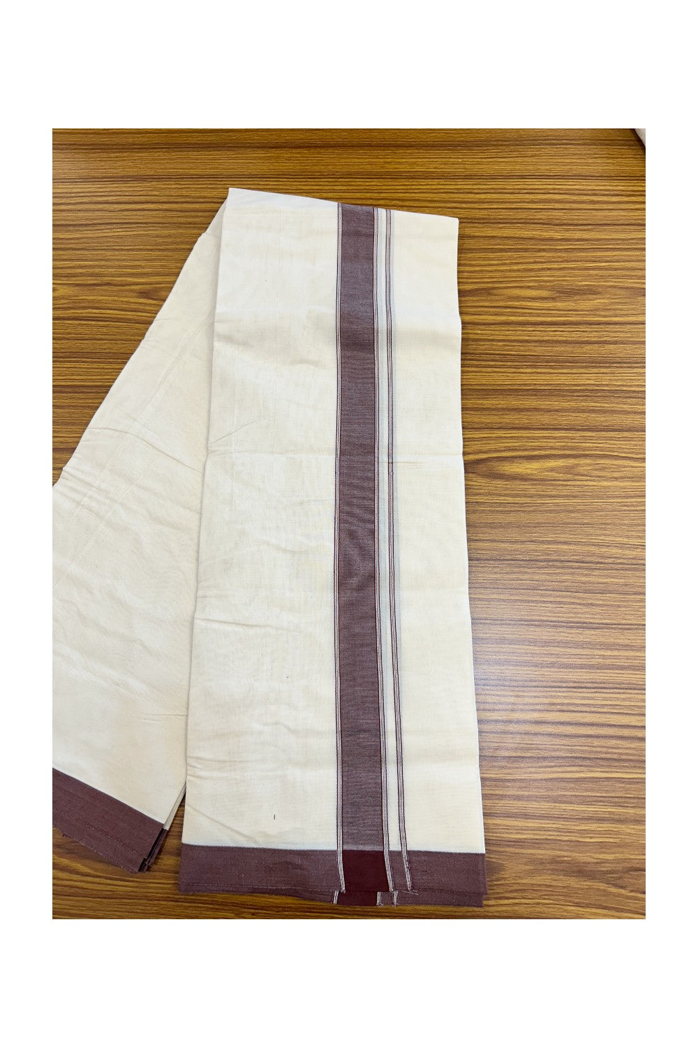 NEW !! 20% DISCOUNT!! KaithariKada Balaramapuram 100% Cotton Double Off white - (Unbleached) Mundu/Dhoti-100x80 - 1.5 inch Brown Shaded Striped KARA - 3.75 mtr (8 Muzham) - 8KK5218 ASH