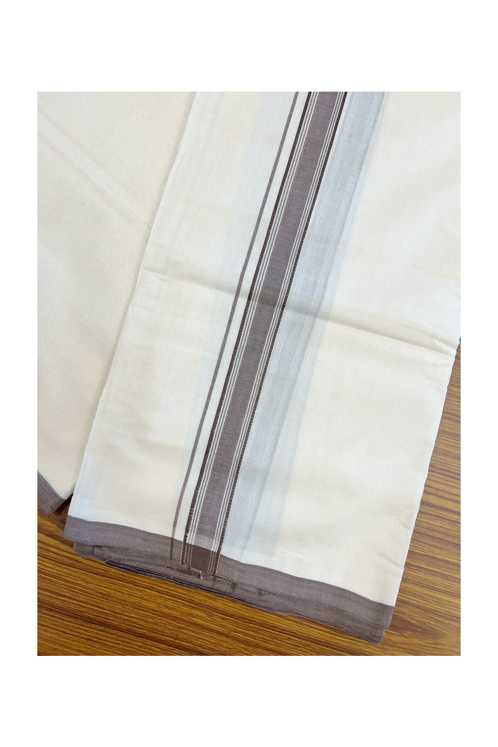 PREMIUM HANDLOOM-20% DISCOUNT! KaithariKada  Cotton OFF White - 100x80 thread-  NORTH INDIAN ATTACHED GAMCHA - 9X5 & 10X6 muzham Dhoti - 1.5 inch Brown Border - 8KK5223VEL