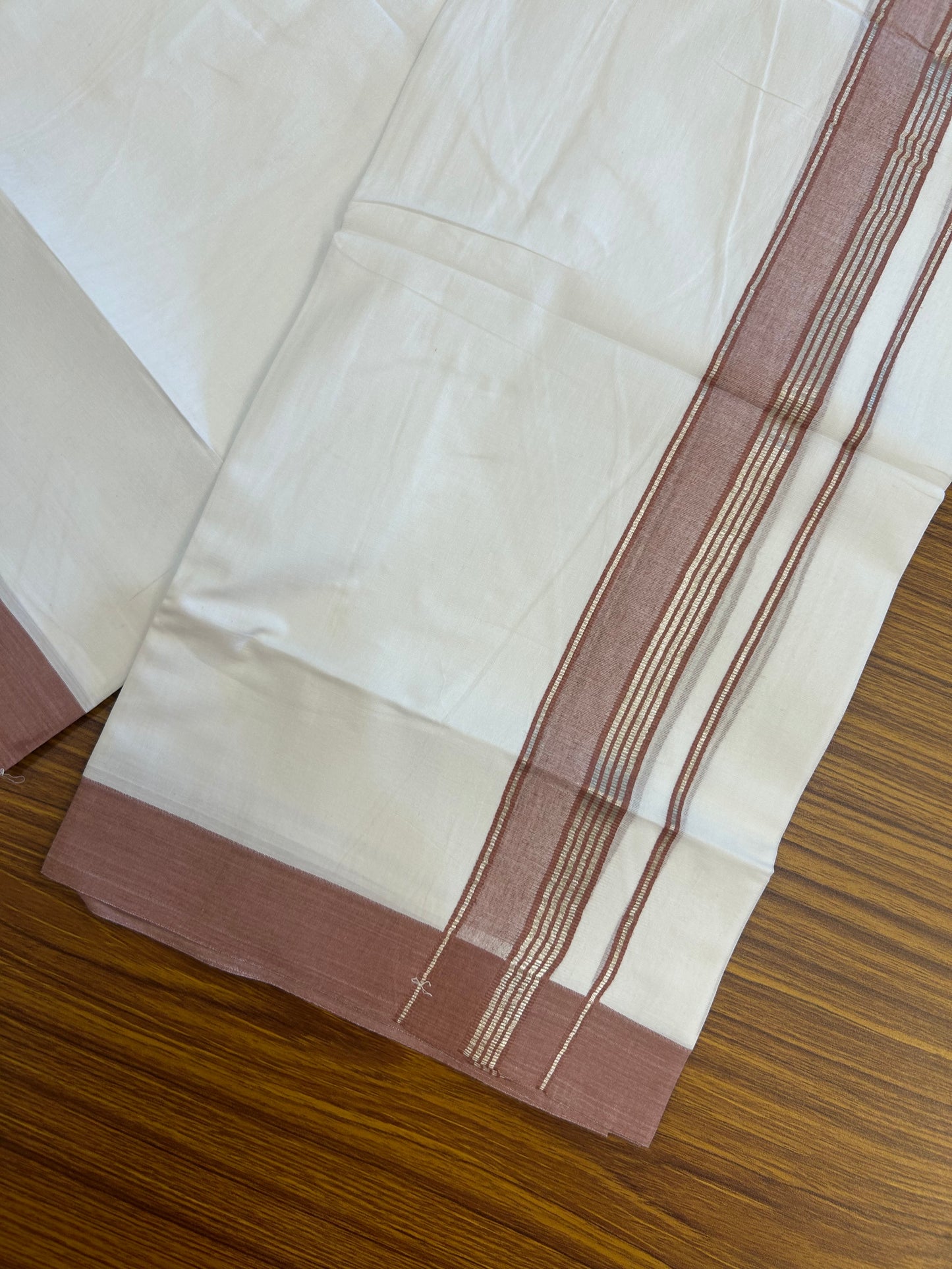 Short Dhoti Special - 28% Discount ! KaithariKada 100% Cotton Pure White Double Mundu / Dhoti - 100x80 - 45 inch Height 3.80 m Length  1.5 inch Brown Silver Kasav kara - 8 KK5258 THI